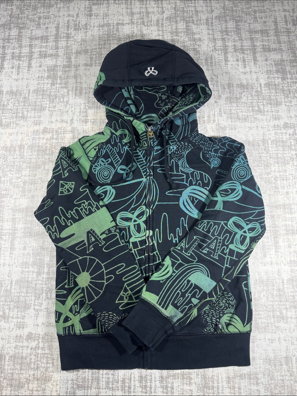 Vintage Graphic TNA Black & Green Graphic Zip-Up Hoodie for womens sz M 22X18.5